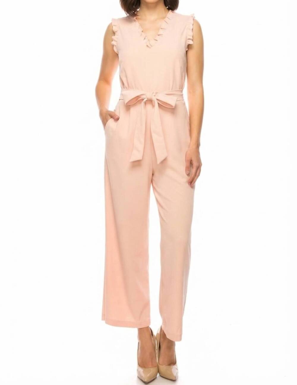 NEW SANDRA DARREN sleeveless ruffle detail jumpsuit in blush